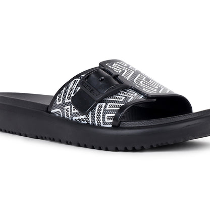 right side focus view image view Flite view Black Slides For Women with white print on it for everyday wear with white background. 