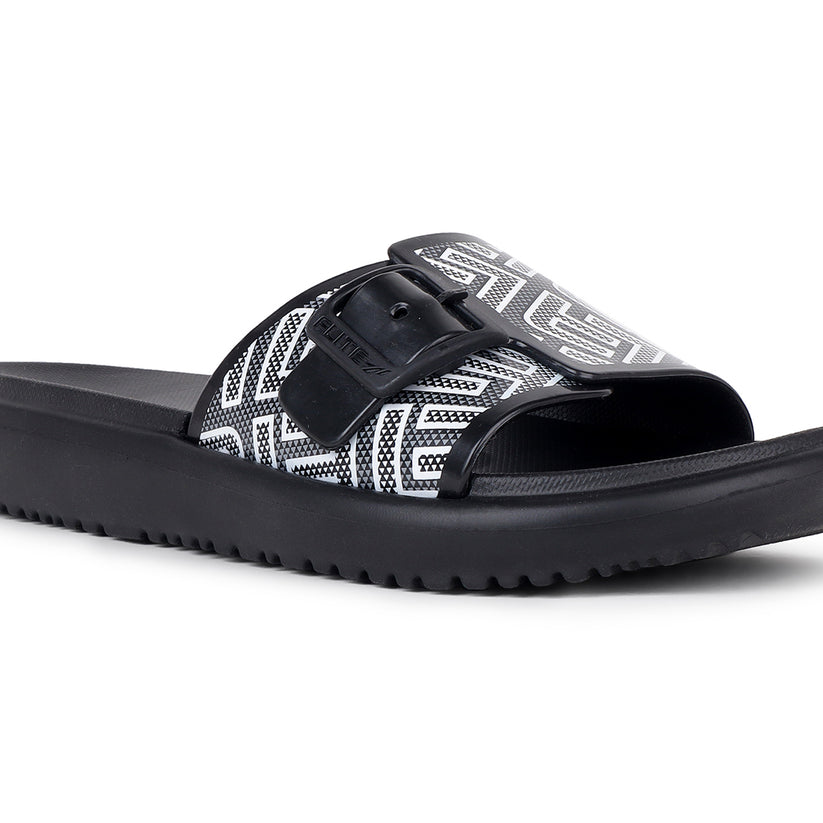 right side focus view image view Flite view Black Slides For Women with white print on it for everyday wear with white background. 