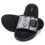 one on one image view Flite view Black Slides For Women with white print on it for everyday wear with white background. 