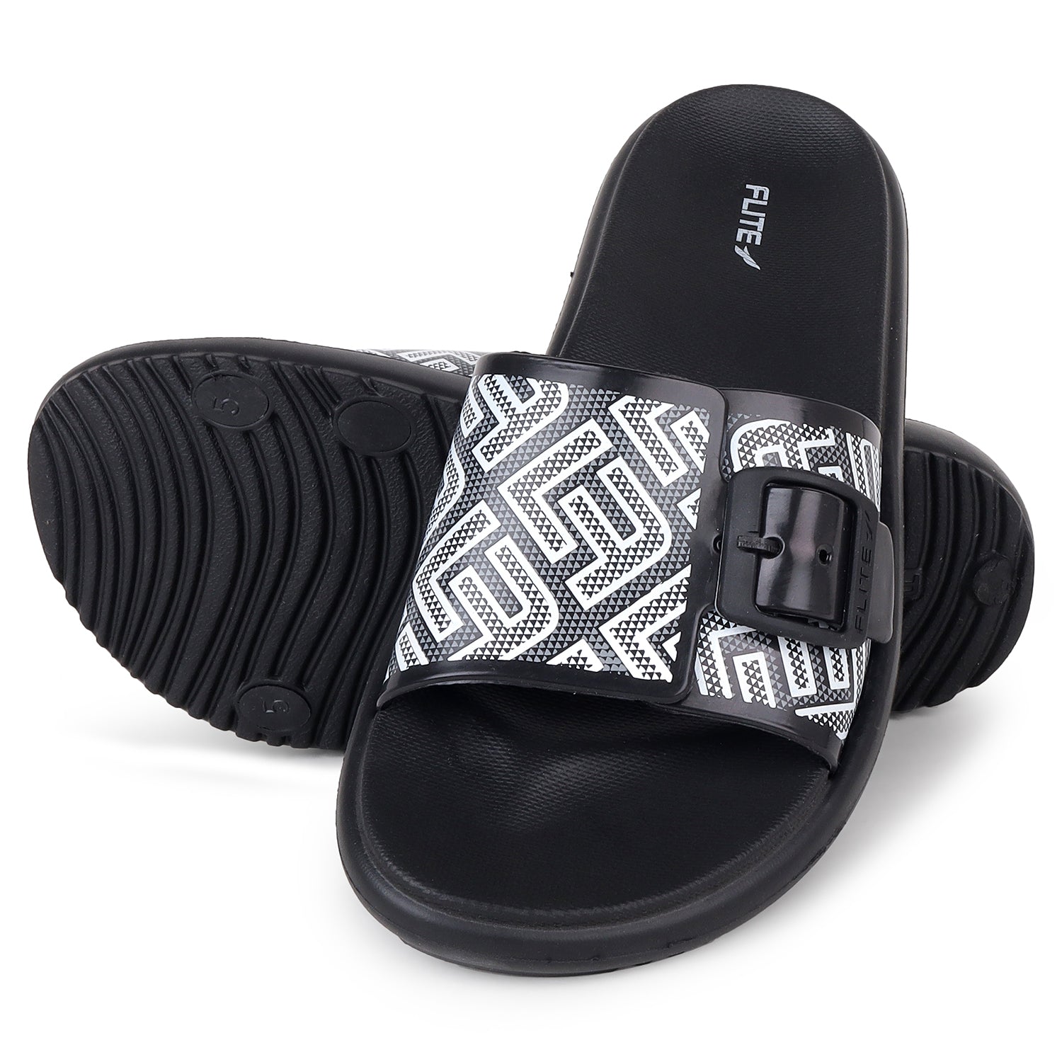 one on one image view Flite view Black Slides For Women with white print on it for everyday wear with white background. 