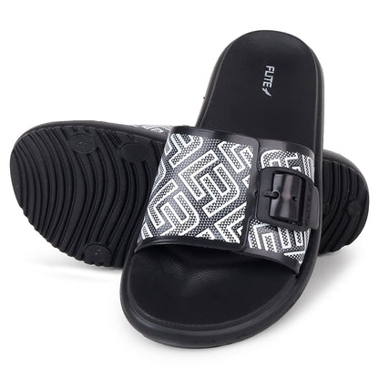 one on one image view Flite view Black Slides For Women with white print on it for everyday wear with white background. 