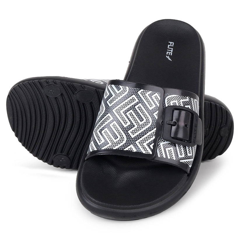 one on one image view Flite view Black Slides For Women with white print on it for everyday wear with white background. 