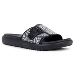 right side view of image view Flite view Black Slides For Women with white print on it for everyday wear with white background. 