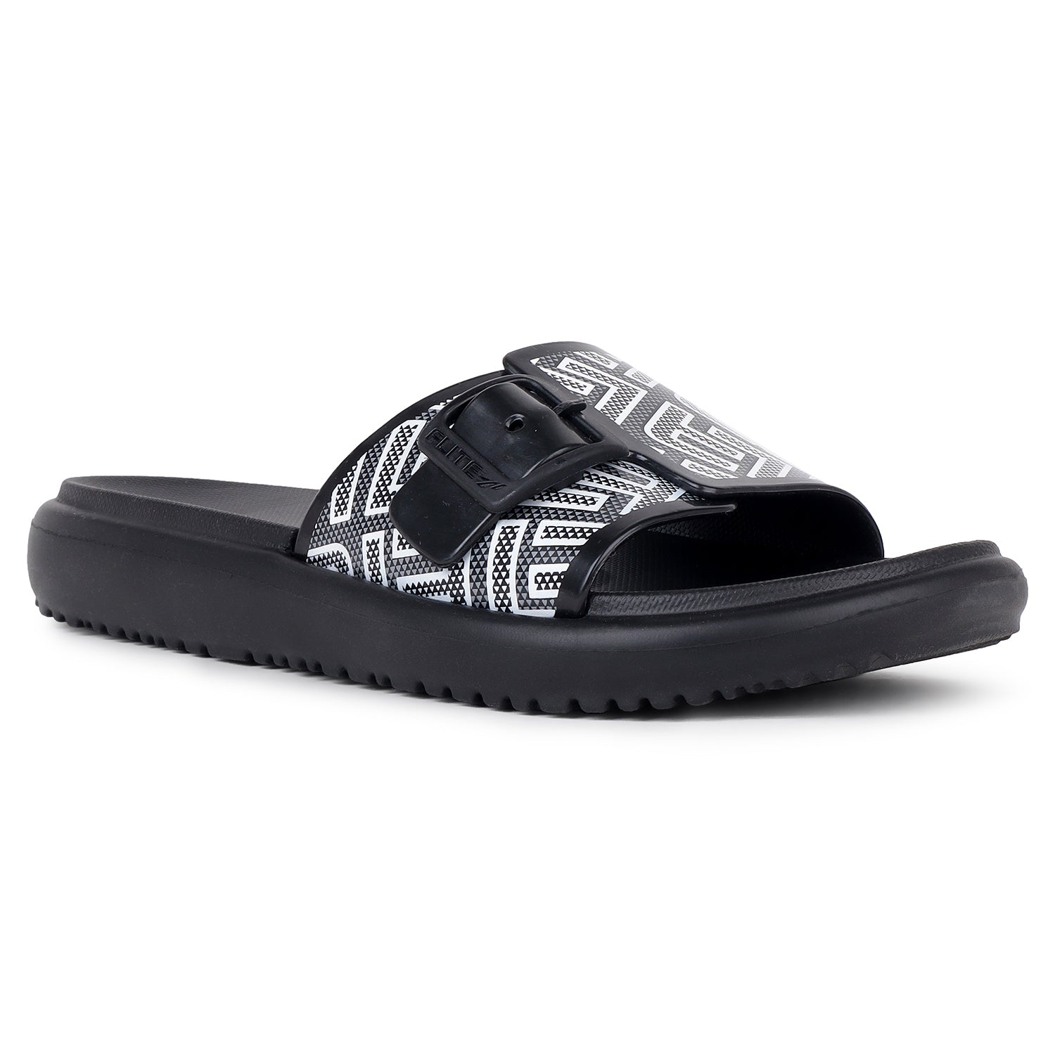 right side view of image view Flite view Black Slides For Women with white print on it for everyday wear with white background. 
