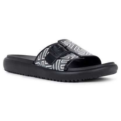 right side view of image view Flite view Black Slides For Women with white print on it for everyday wear with white background. 