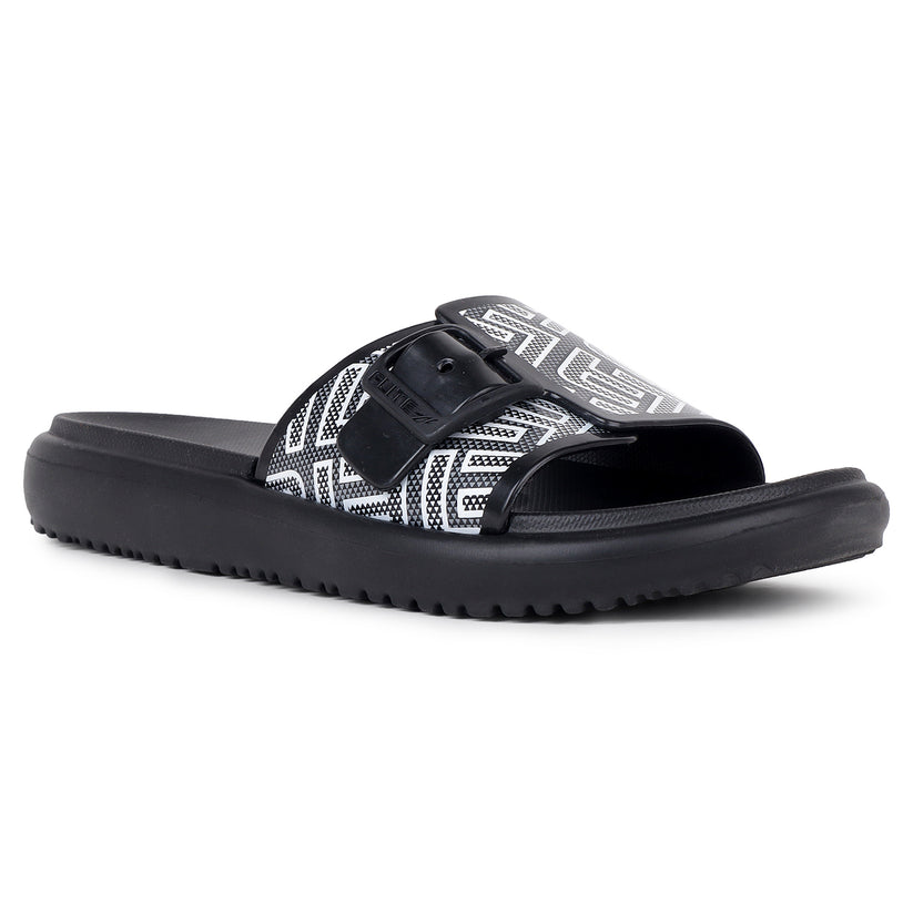 right side view of image view Flite view Black Slides For Women with white print on it for everyday wear with white background. 