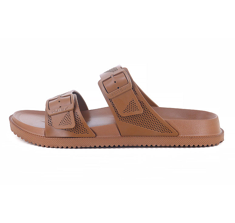 Left Attractive Brown Slippers For Men with white background and shadow in the bottom. 