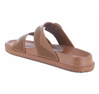 Back side left image of  Attractive Brown Slippers For Men with white background and shadow in the bottom. 