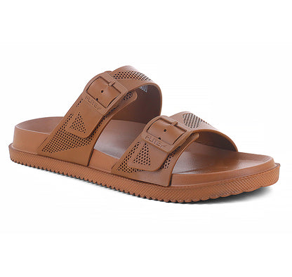 Front right side image of Attractive Brown Slippers For Men with white background and shadow in the bottom. 
