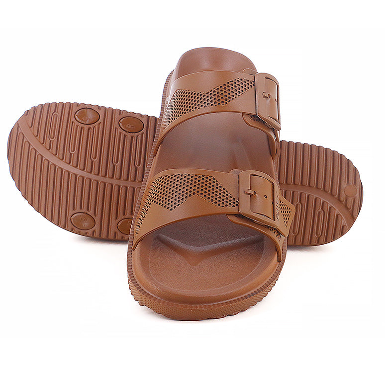 One on one view image of Attractive Brown Slippers For Men with white background and shadow in the bottom. 