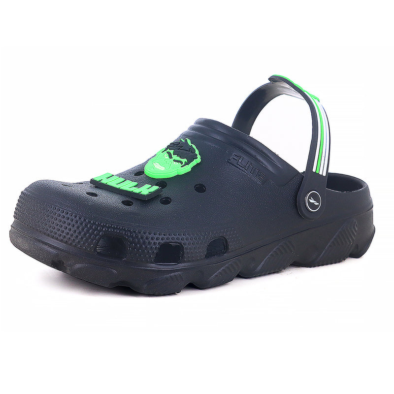 Image of Hulk Clogs for Men available in black color with hulk logo in light green color. 