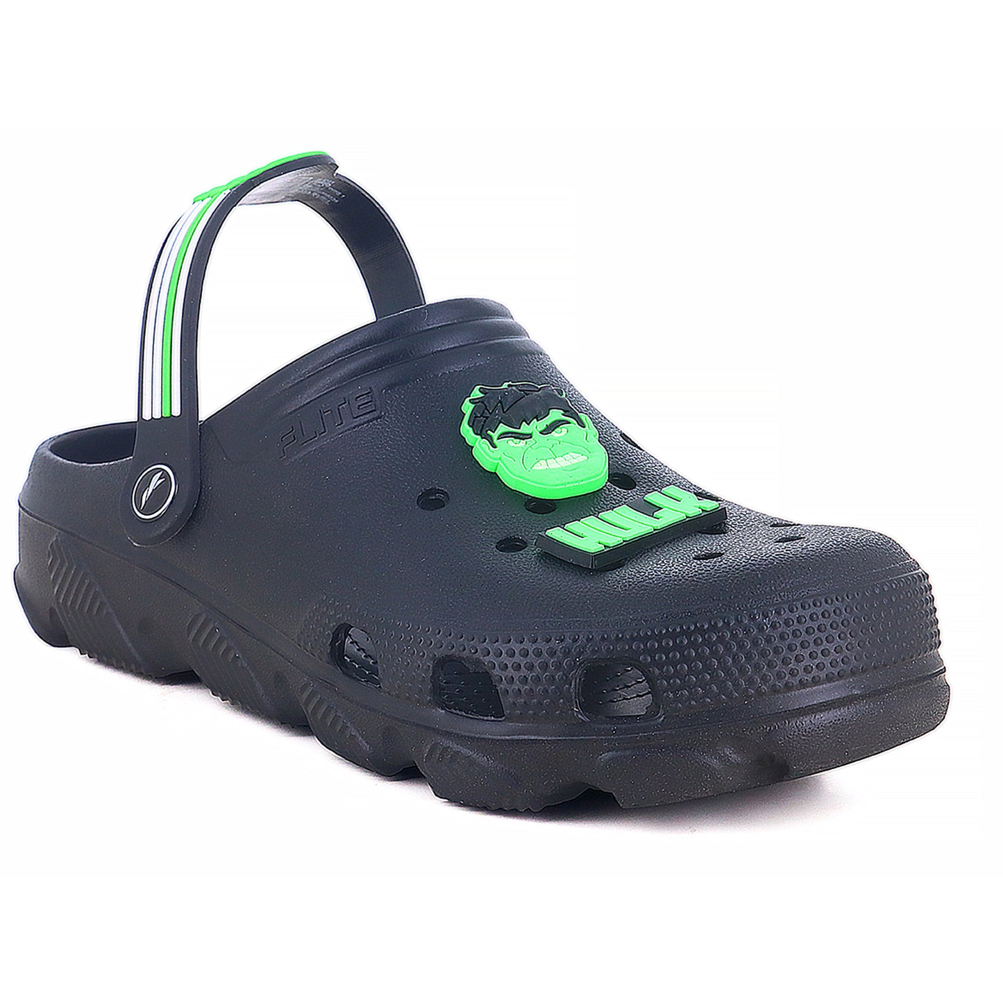 Image of black clogs for men with light green logo of hulk appear on it. 