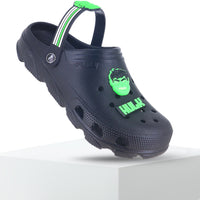 From backside up Image of Hulk Clogs for Men available in black color with hulk logo in light green color. 