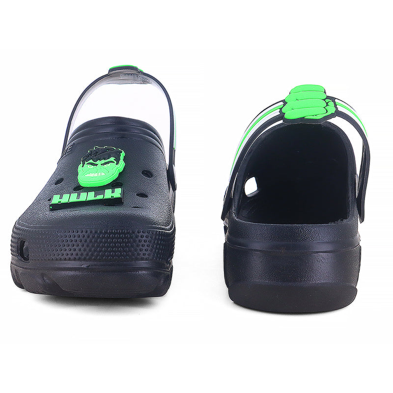 From backside and front side image of Image of Hulk Clogs for Men available in black color with hulk logo in light green color. 