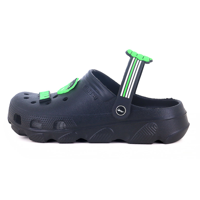 From left side zoom image of clogs for men with light green hulk logo on it. 