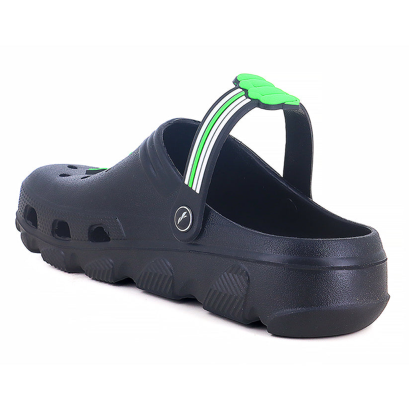 Back side zoom  image of clogs for men with light green hulk logo on it. 