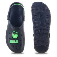 From front and back side image of clogs for men with light green hulk logo on it. 