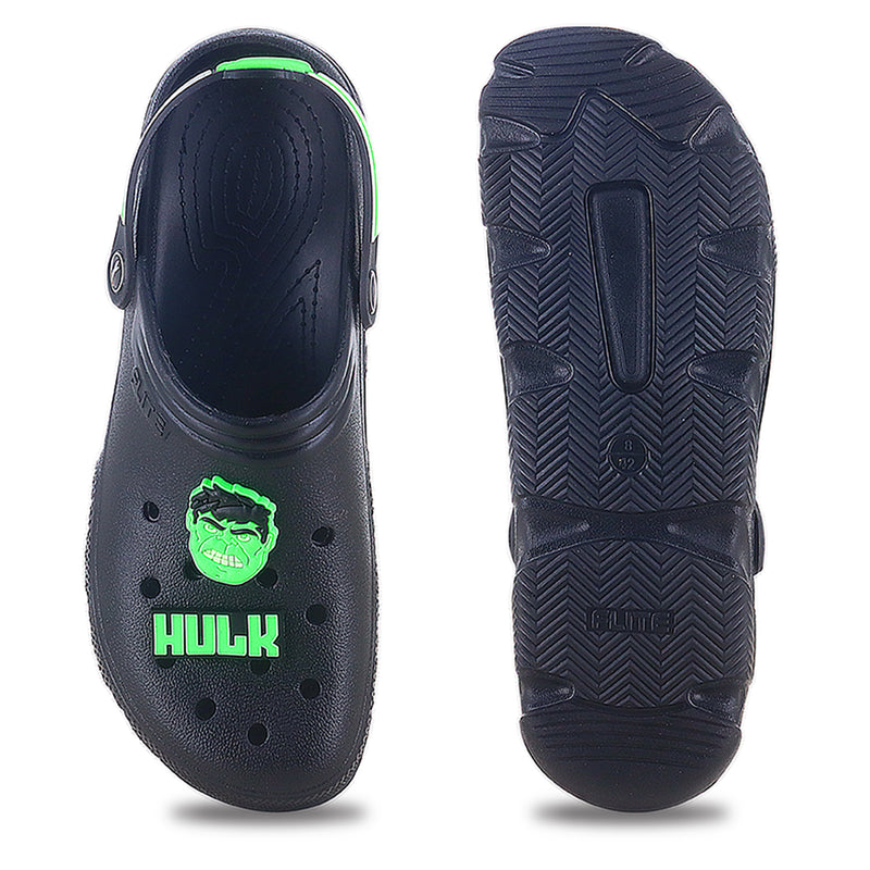 From front and back side image of clogs for men with light green hulk logo on it. 