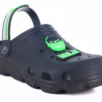 Hulk front and back side image of clogs for men with hulk logo appear on it. 