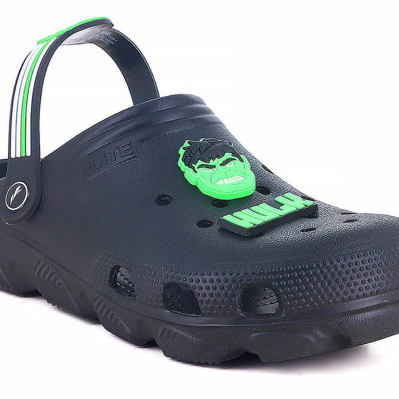 Hulk front and back side image of clogs for men with hulk logo appear on it. 