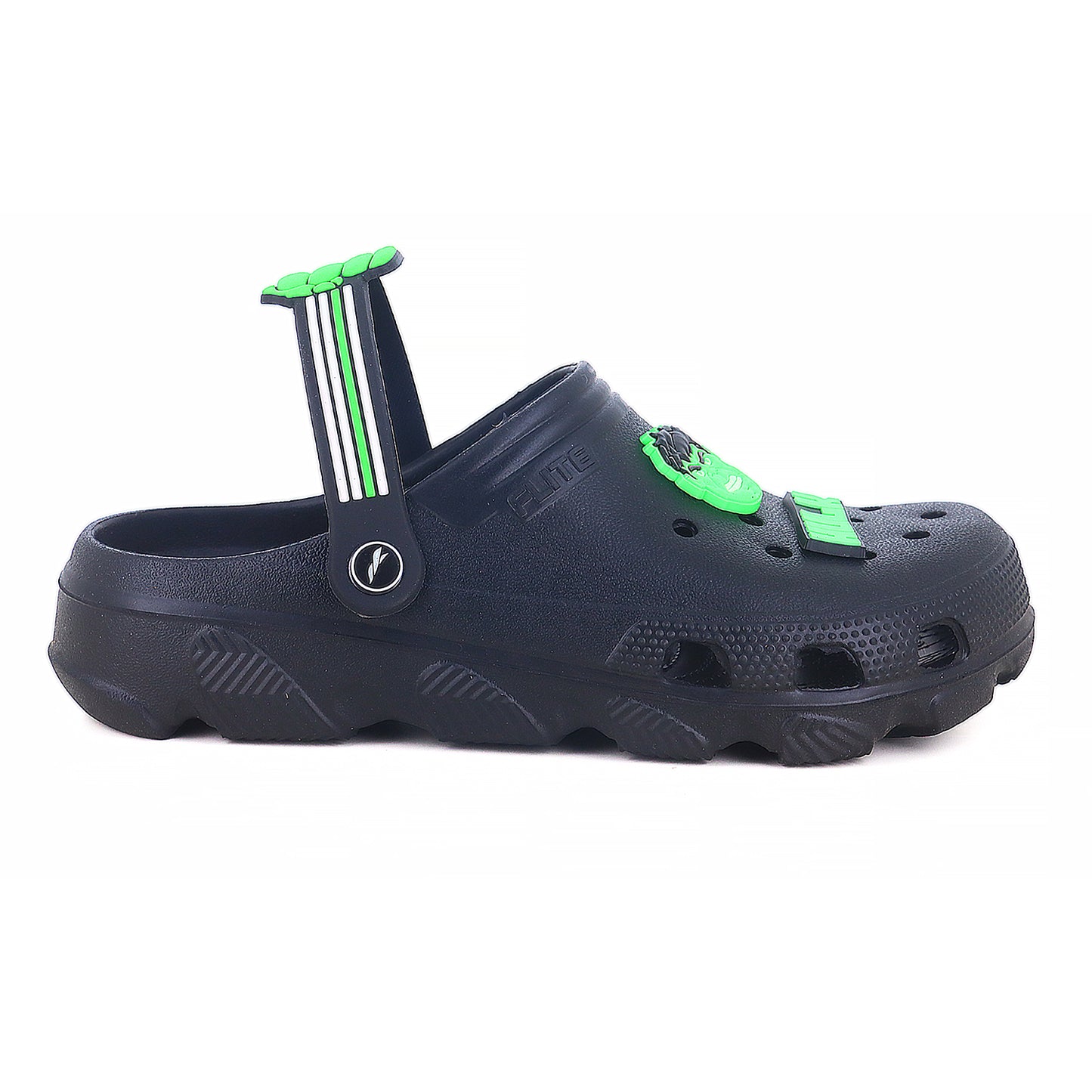 From right side zoom image of hulk logo on clogs for men. 