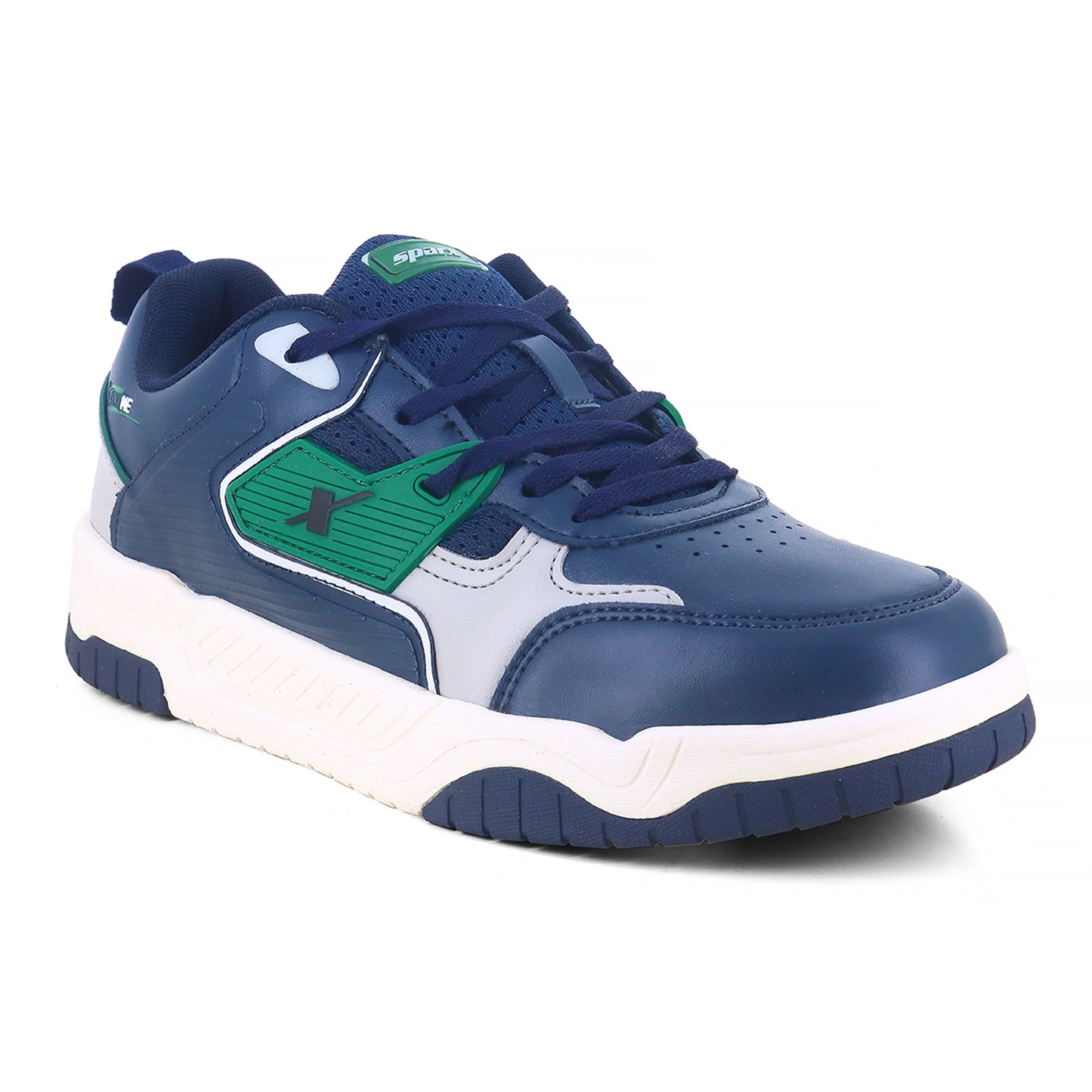Side zoom Image of Sneakers for Men by Sparx , blue sneaker with green logo of sparx writing X on it and the bottom is white with non slip grip of blue comfortable to wear for men of all age and affordable. 