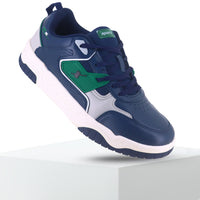 Back side is up Image of Sneakers for Men by Sparx , blue sneaker with green logo of sparx writing X on it and the bottom is white with non slip grip of blue comfortable to wear for men of all age and affordable. 