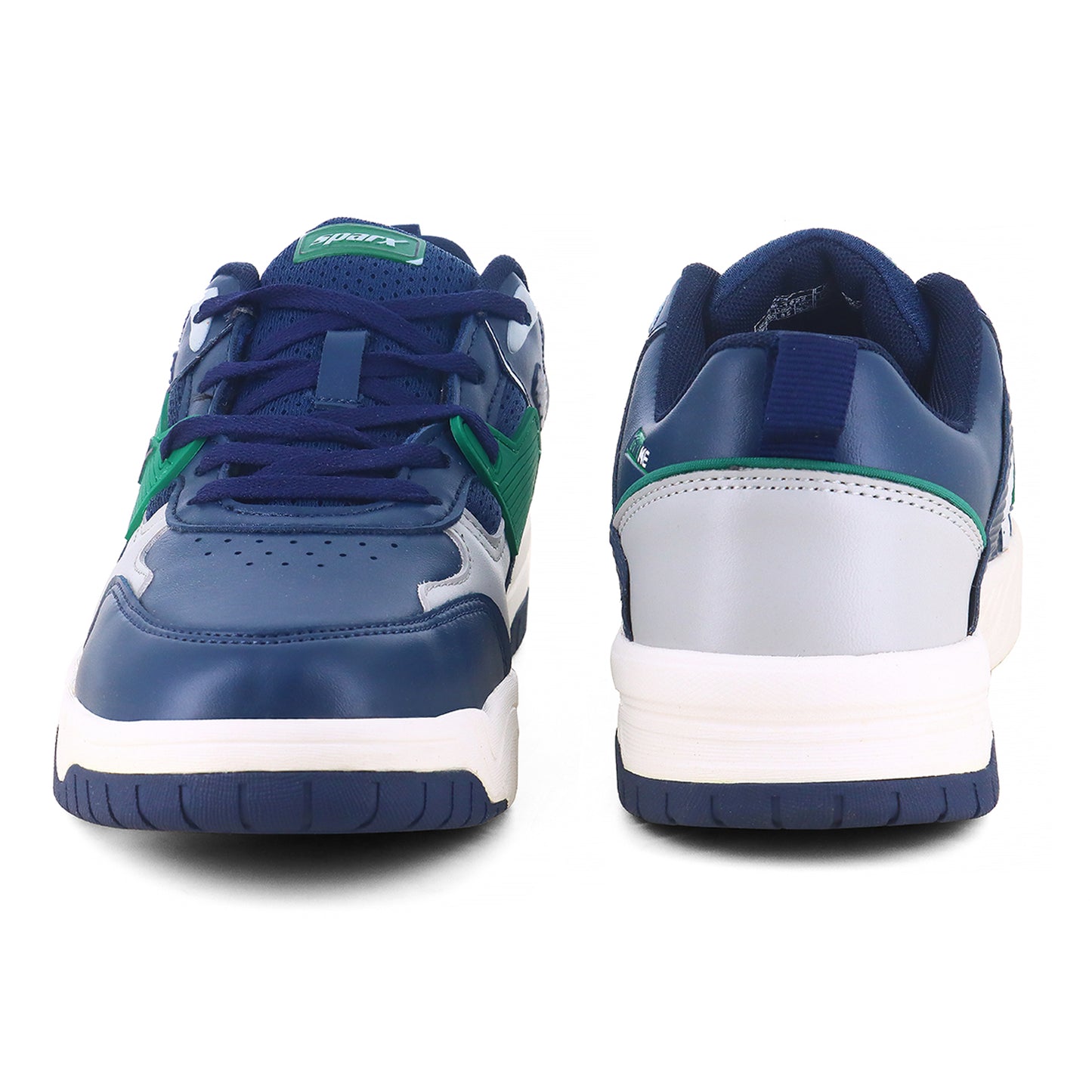 Front and back - Image of Sneakers for Men by Sparx , blue sneaker with green logo of sparx writing X on it and the bottom is white with non slip grip of blue comfortable to wear for men of all age and affordable. 