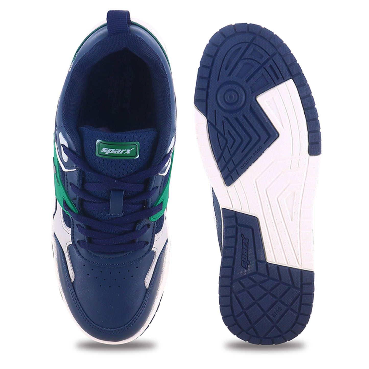 Front and bottom with non grip sole Image of Sneakers for Men by Sparx , blue sneaker with green logo of sparx writing X on it and the bottom is white with non slip grip of blue comfortable to wear for men of all age and affordable. 