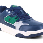 front right side zoom Image of Sneakers for Men by Sparx , blue sneaker with green logo of sparx writing X on it and the bottom is white with non slip grip of blue comfortable to wear for men of all age and affordable. 