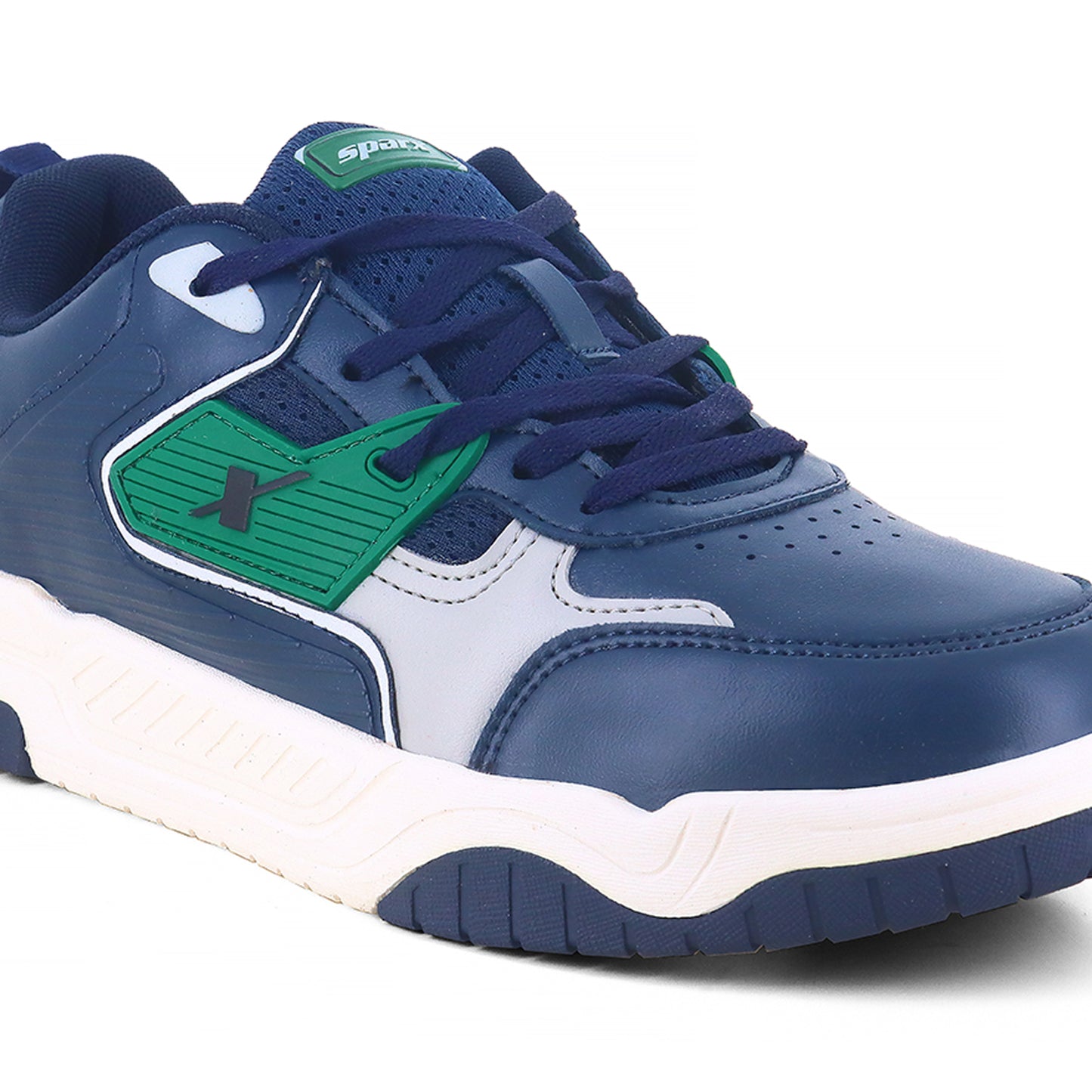 front right side zoom Image of Sneakers for Men by Sparx , blue sneaker with green logo of sparx writing X on it and the bottom is white with non slip grip of blue comfortable to wear for men of all age and affordable. 