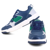 Up and down one on one Image of Sneakers for Men by Sparx , blue sneaker with green logo of sparx writing X on it and the bottom is white with non slip grip of blue comfortable to wear for men of all age and affordable. 