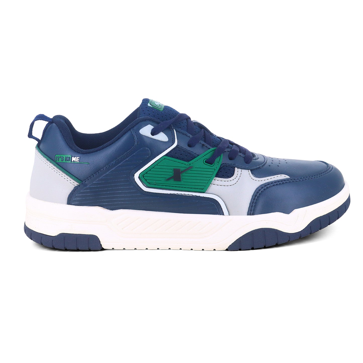 Right side zoom Image of Sneakers for Men by Sparx , blue sneaker with green logo of sparx writing X on it and the bottom is white with non slip grip of blue comfortable to wear for men of all age and affordable. 