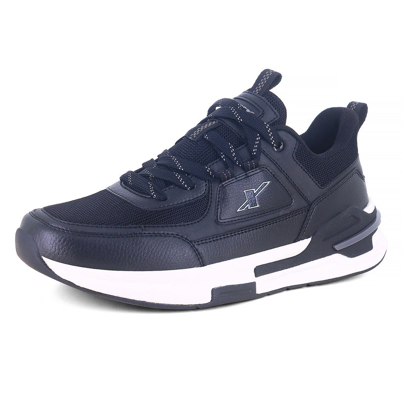 Image of black sparx shoes for men with white bottom and white background with shadow at the bottom which is comfortable to wear. 