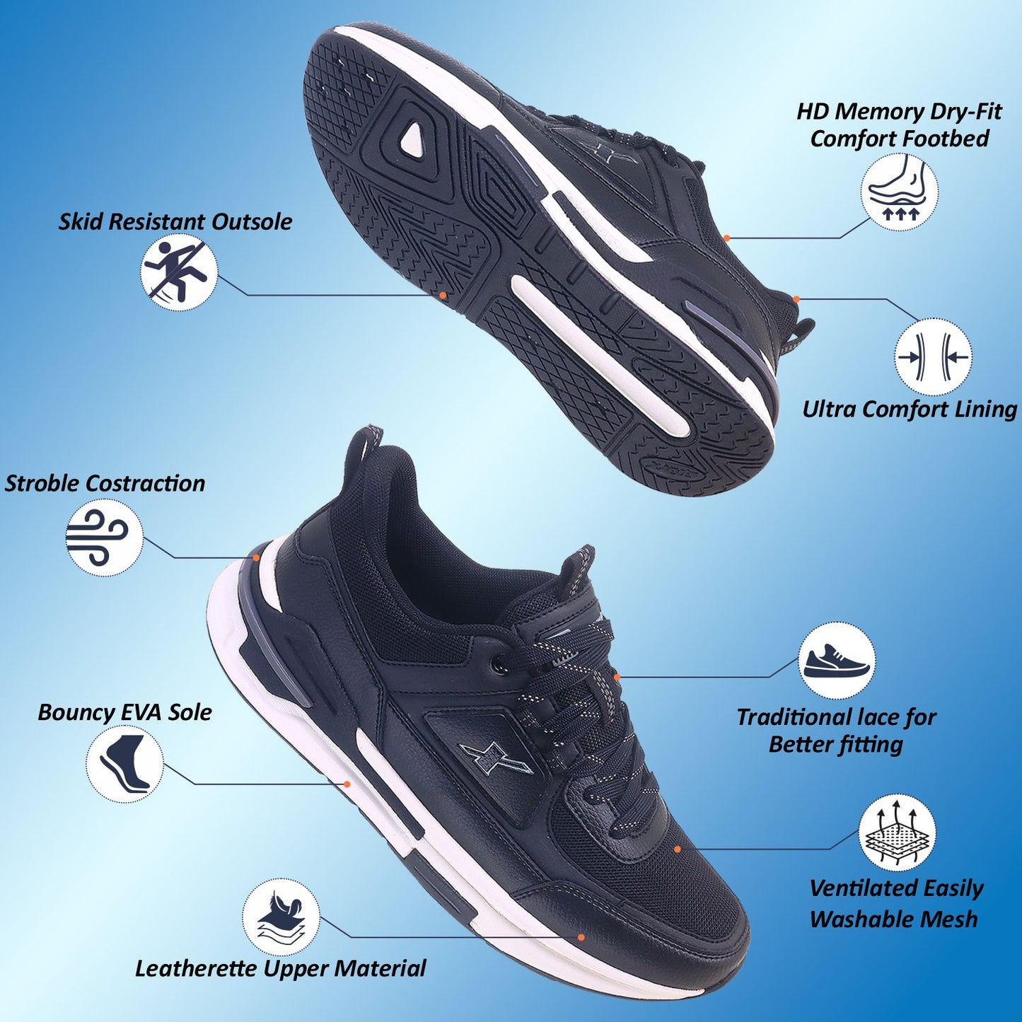 Up and down with description Image of black sparx shoes for men with white bottom and white background with shadow at the bottom which is comfortable to wear. 