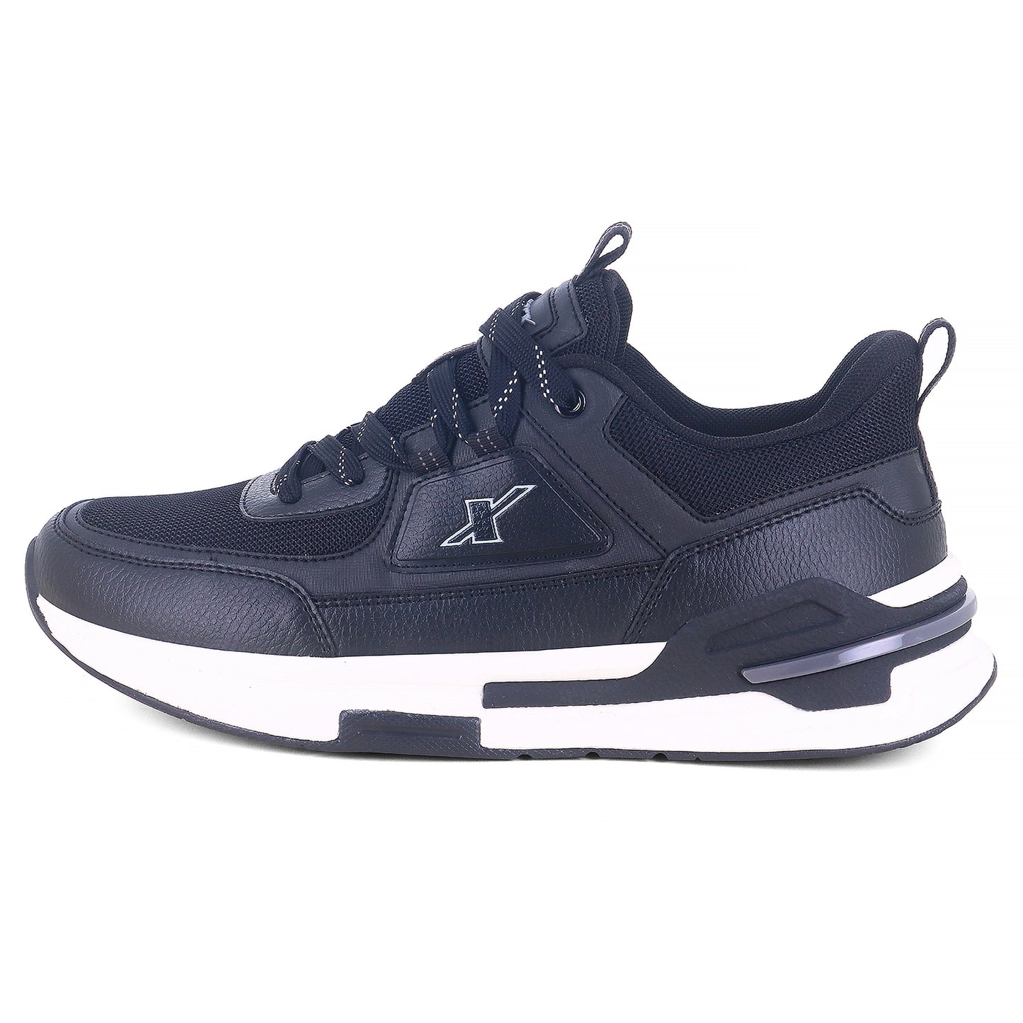 From left side zoom Image of black sparx shoes for men with white bottom and white background with shadow at the bottom which is comfortable to wear. 