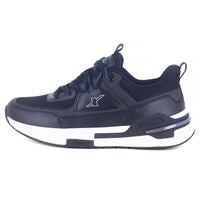 From left side zoom Image of black sparx shoes for men with white bottom and white background with shadow at the bottom which is comfortable to wear. 