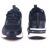 From front and back side Image of black sparx shoes for men with white bottom and white background with shadow at the bottom which is comfortable to wear. 