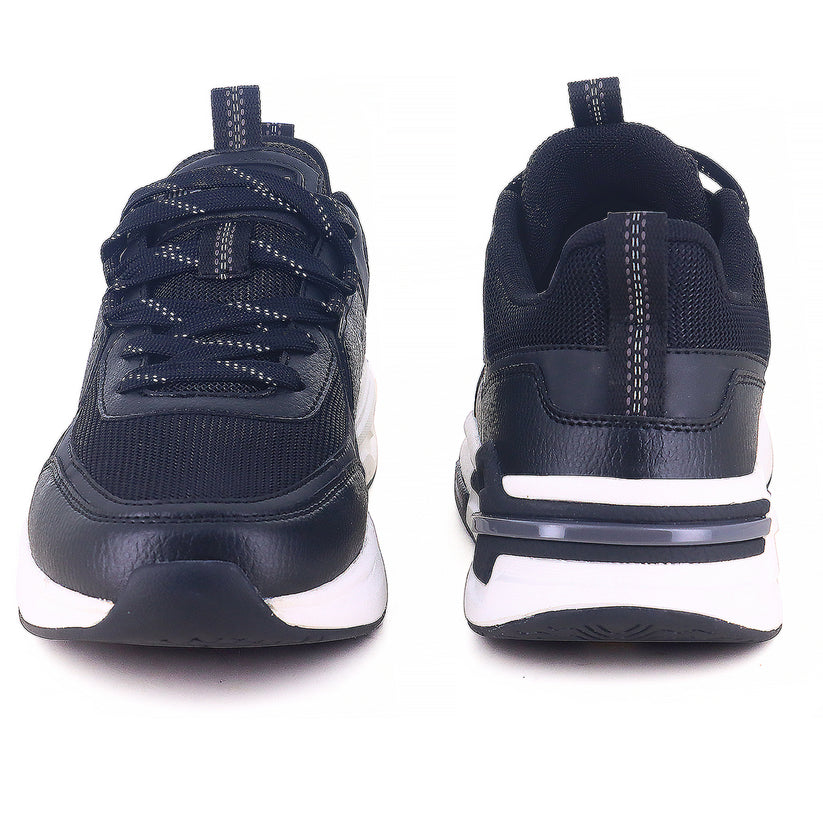 From front and back side Image of black sparx shoes for men with white bottom and white background with shadow at the bottom which is comfortable to wear. 