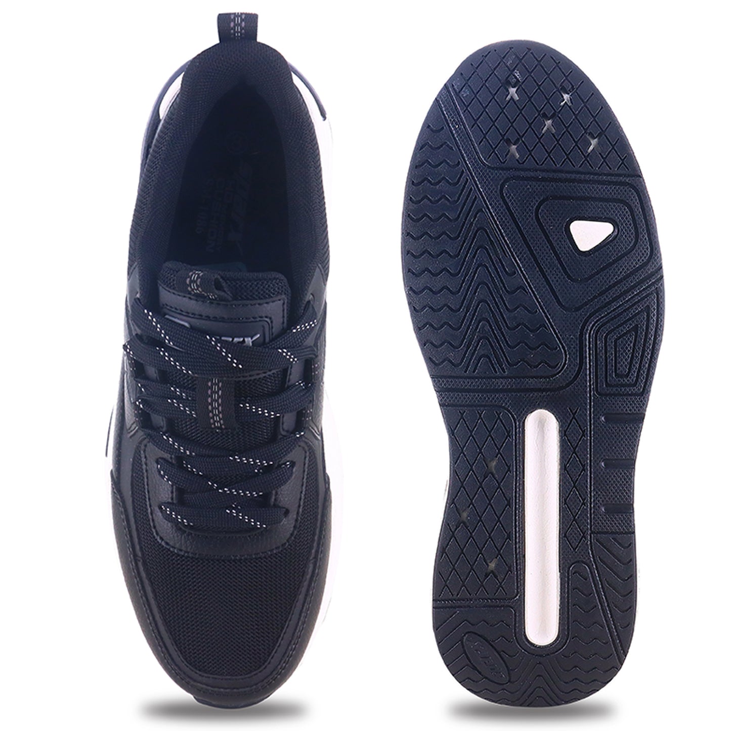 From up and down Image of black sparx shoes for men with white bottom and white background with shadow at the bottom which is comfortable to wear. 