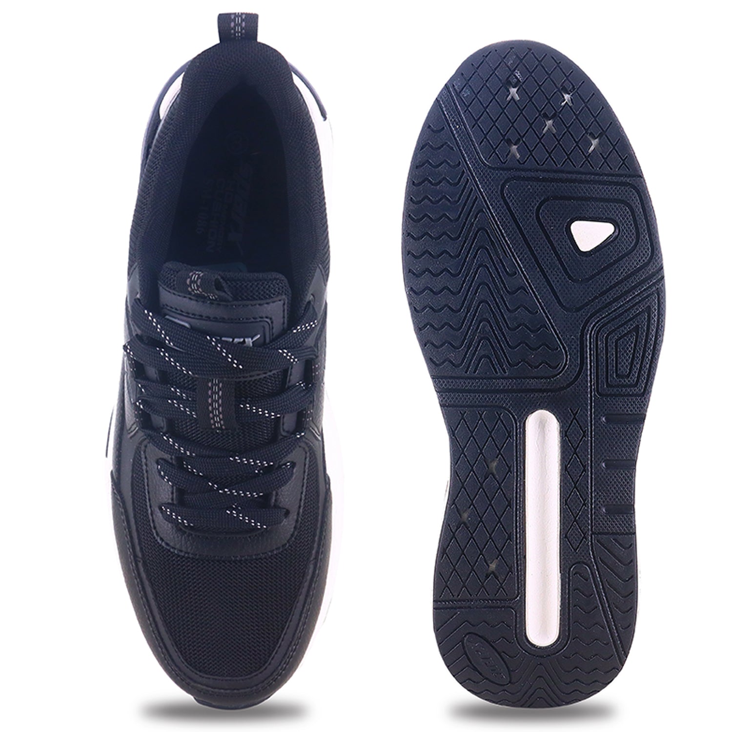 From up and down Image of black sparx shoes for men with white bottom and white background with shadow at the bottom which is comfortable to wear. 
