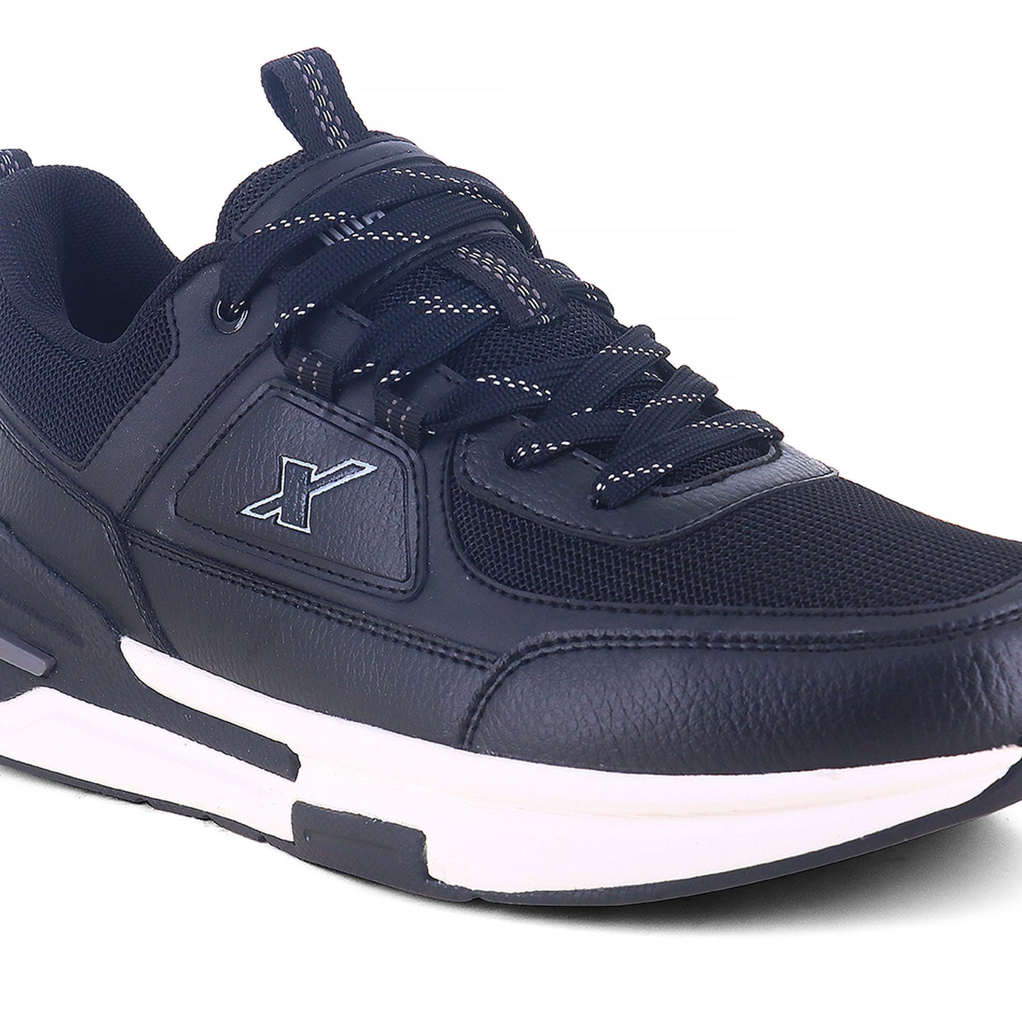 From right side zoom Image of black sparx shoes for men with white bottom and white background with shadow at the bottom which is comfortable to wear. 