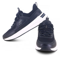 Up and down from backside Image of black sparx shoes for men with white bottom and white background with shadow at the bottom which is comfortable to wear. 