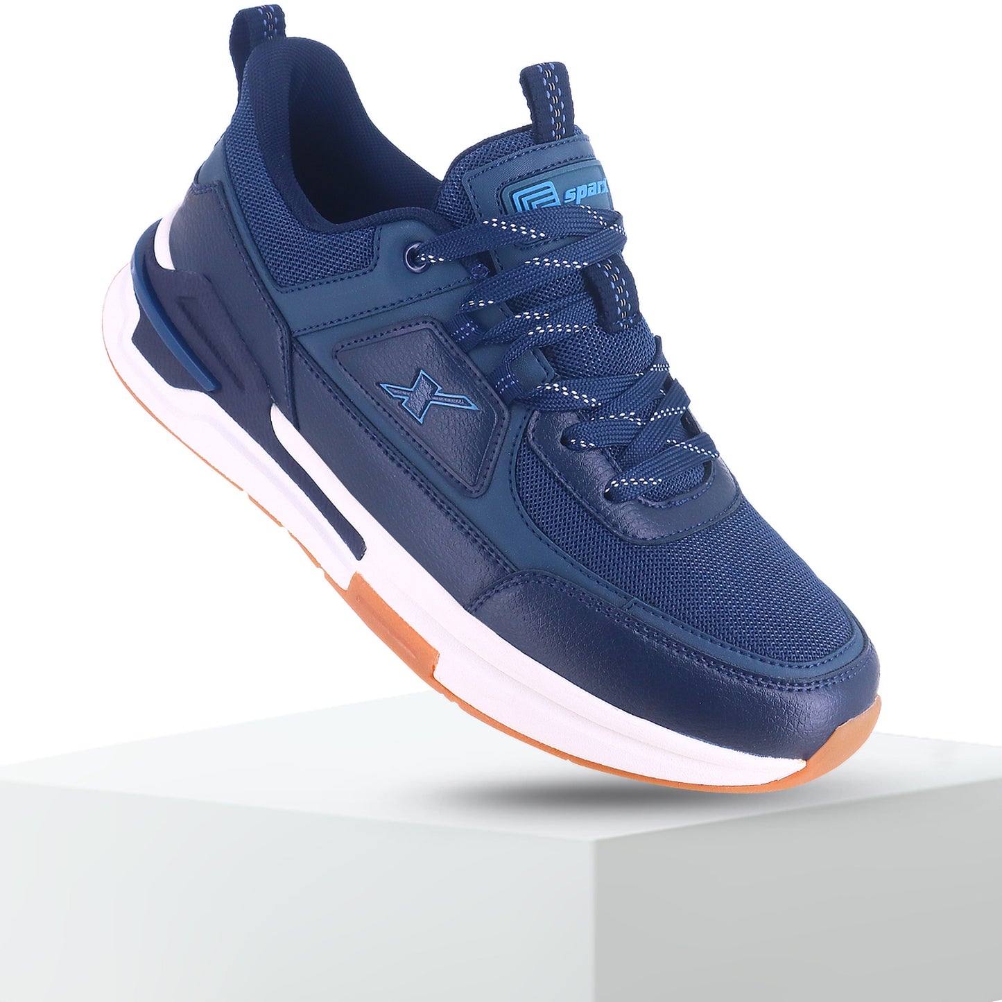 back side up Image of Blue Sparx shoes for men with Sparx logo on it