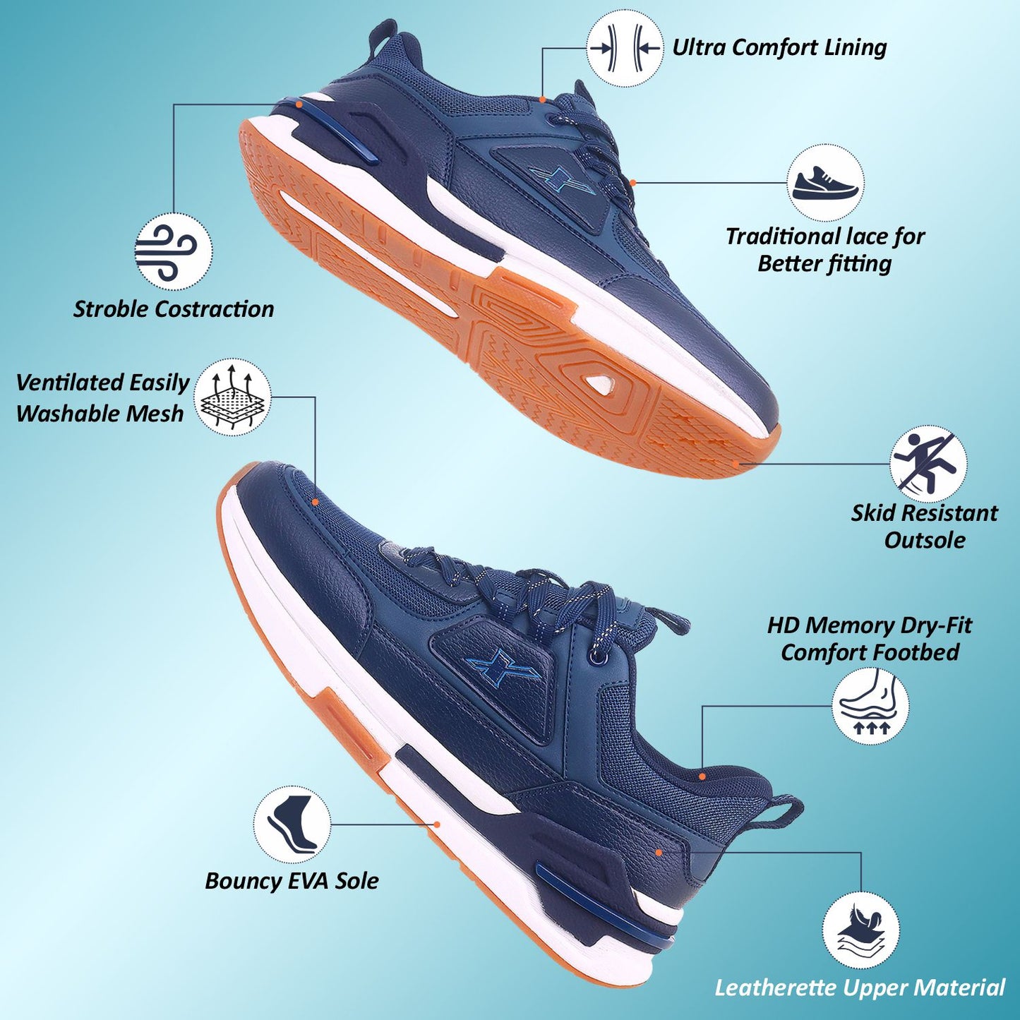 Up and down Image of Blue Sparx shoes for men with Sparx logo on it