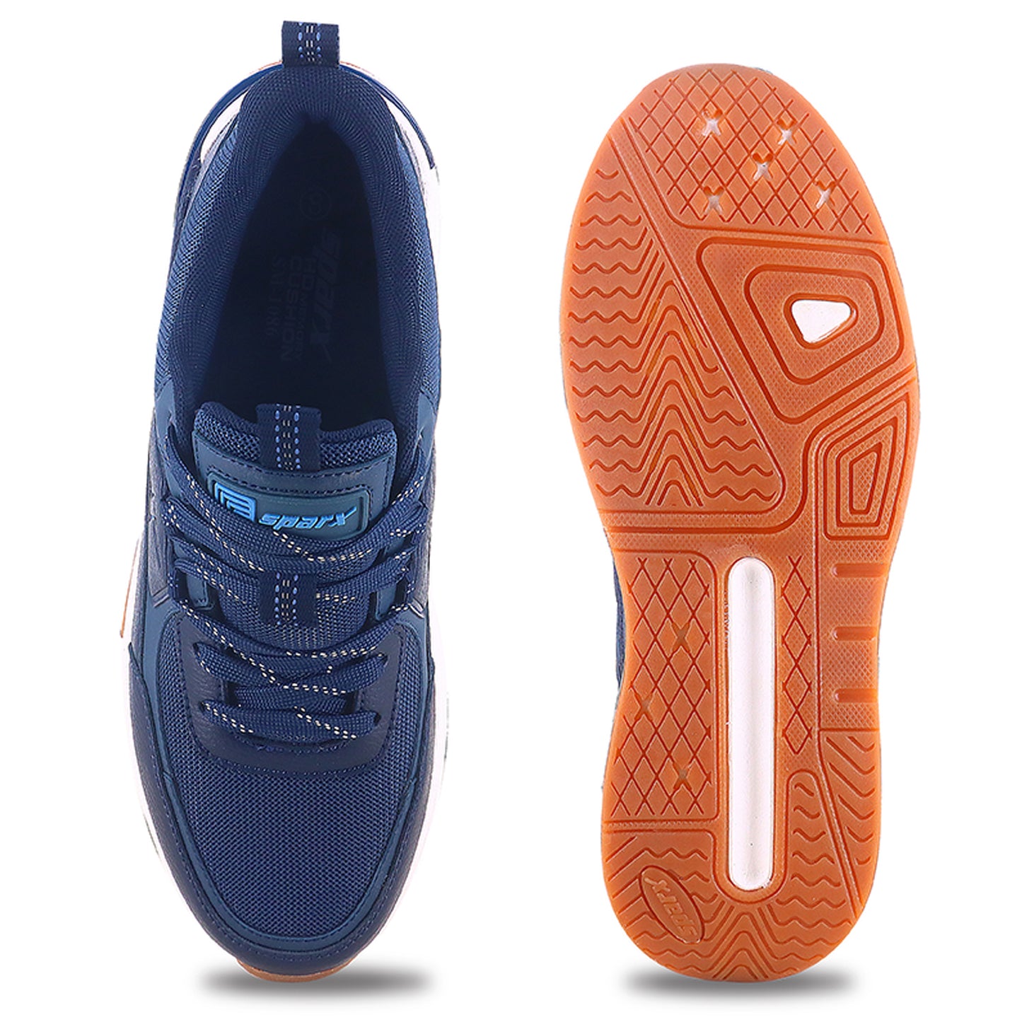 Front and back side Image of Blue Sparx shoes for men with Sparx logo on it with beautiful white background and shadow at the bottom
