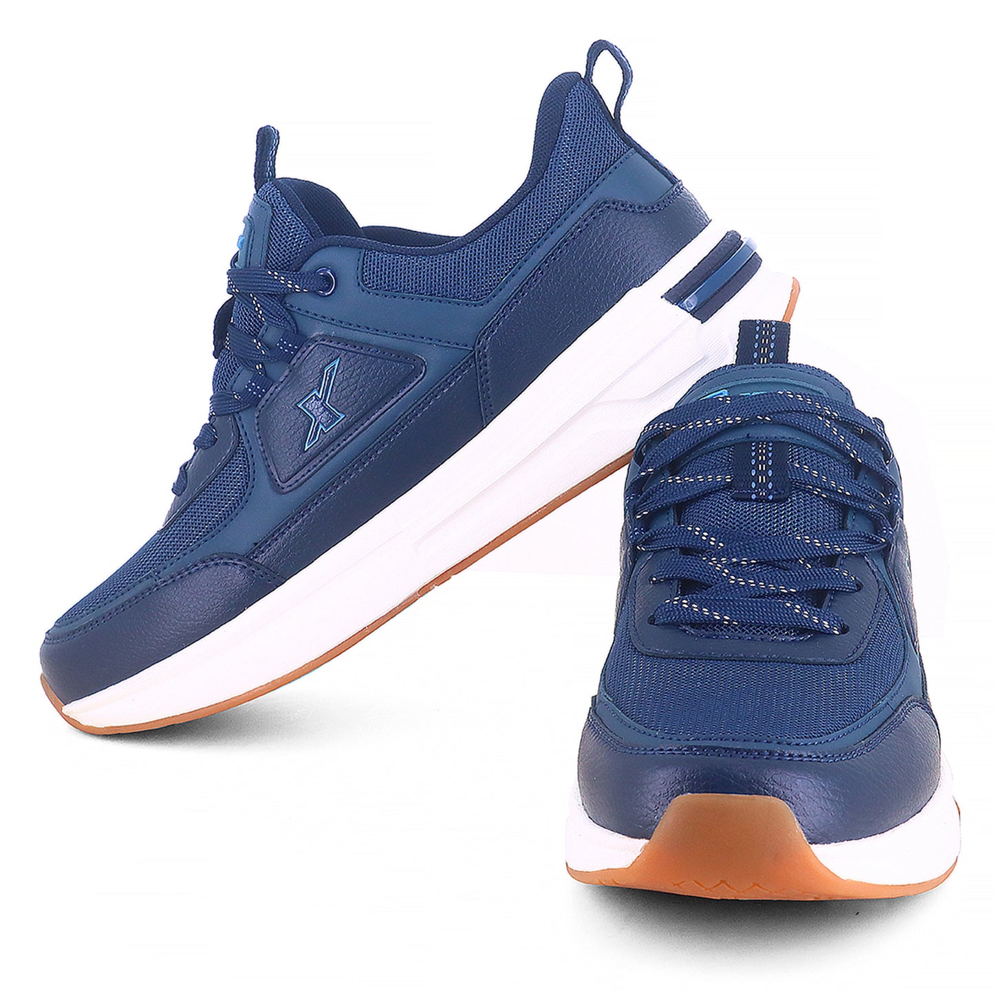 one on one from back side over Image of Blue Sparx shoes for men with Sparx logo on it
