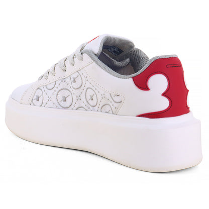 left side full detailed image of white Sneakers for Men with X written on it with white background. 
