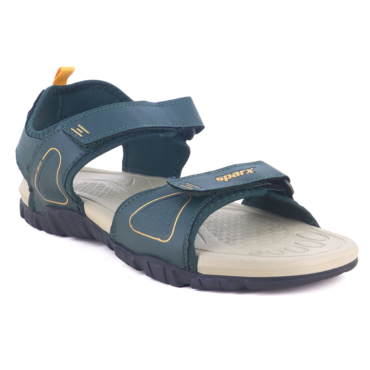 Image from right side with zoom Image of Beautiful and attractive Sandals for Men with white background and clear visibility.  With Yellow X (Sparx) logo visible on it. 