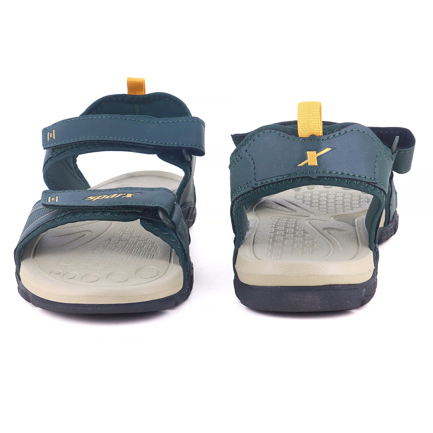 Front and Back  Image of Beautiful and attractive Sandals for Men with white background and clear visibility.  With Yellow X (Sparx) logo visible on it. 